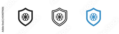 Snowflake on shield outline icon. Snow protect. Cold temperature protect sign. Temperature resistant symbol. Simple flat design.