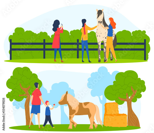 Horse people, walk for walk animal, man vigorous activity, rider pet, beautiful view, design, in cartoon style vector illustration