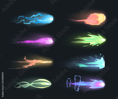 Blaster Shot Effects with Fire Energy and Plasma Color Set on a Black Background. Vector illustration