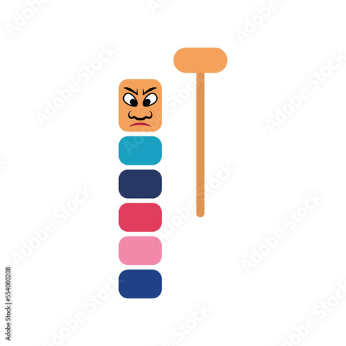Cartoon Color Japanese Toy Daruma Otoshi with Wooden Hammer Flat Design Style. Vector illustration of Striking Game
