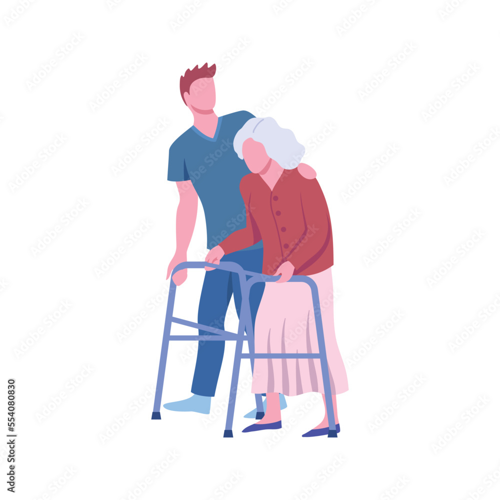 Cartoon Taking Care of Seniors Concept Flat Design Style. Vector illustration of Volunteer and Elderly Lady with Walker Cartoon Taking Care of Seniors Concept Flat Design Style. Vector illustration of Volunteer and Elderly Lady with Walker