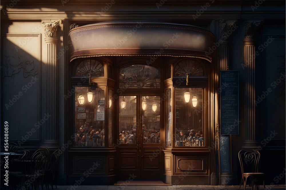 Obraz premium View of old cozy street . Street view with vintage restaurant facade. Evening time. Ai llustration, fantasy digital painting,artificial intelligence artwork 