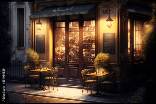 View of old cozy street . Street view with cafe terrace. Coffee shop in the city. Evening time. Ai llustration, fantasy digital painting,artificial intelligence artwork 