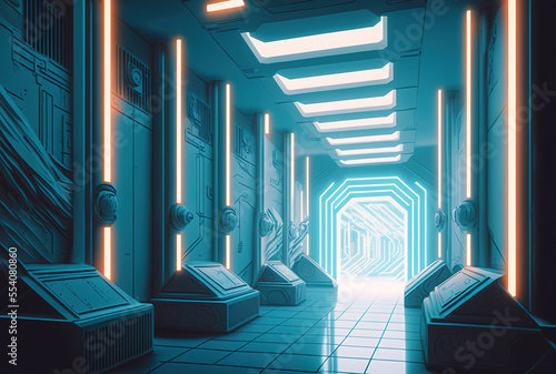 Illustration of an abstract white futuristic sci fi room with gradated neon tubes. Generative AI photo