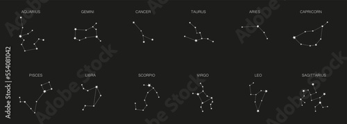 Set of 12 zodiac signs isolated on white background. Constellation of Aries, Taurus, Leo, Gemini, Virgo, Scorpio, Libra, Aquarius, Sagittarius, Pisces, Capricorn, Cancer.
