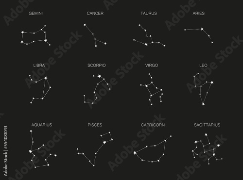 Set of 12 zodiac signs isolated on white background. Constellation of Aries, Taurus, Leo, Gemini, Virgo, Scorpio, Libra, Aquarius, Sagittarius, Pisces, Capricorn, Cancer.