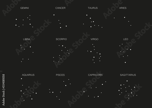 Set of 12 zodiac signs isolated on white background. Constellation of Aries, Taurus, Leo, Gemini, Virgo, Scorpio, Libra, Aquarius, Sagittarius, Pisces, Capricorn, Cancer.