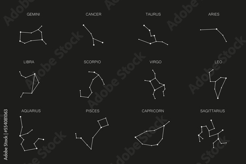Set of 12 zodiac signs isolated on white background. Constellation of Aries, Taurus, Leo, Gemini, Virgo, Scorpio, Libra, Aquarius, Sagittarius, Pisces, Capricorn, Cancer.