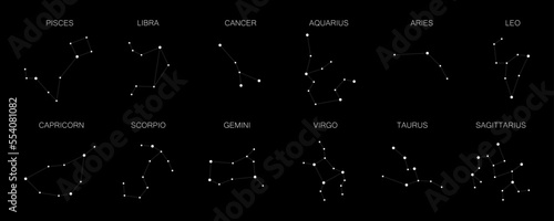 Set of 12 zodiac signs isolated on white background. Constellation of Aries, Taurus, Leo, Gemini, Virgo, Scorpio, Libra, Aquarius, Sagittarius, Pisces, Capricorn, Cancer.