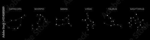 Set of 6 zodiac signs isolated on white background. Constellation of Aries, Taurus, Leo, Gemini, Virgo, Scorpio, Libra, Aquarius, Sagittarius, Pisces, Capricorn, Cancer.