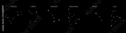 Set of 6 zodiac signs isolated on white background. Constellation of Aries, Taurus, Leo, Gemini, Virgo, Scorpio, Libra, Aquarius, Sagittarius, Pisces, Capricorn, Cancer.