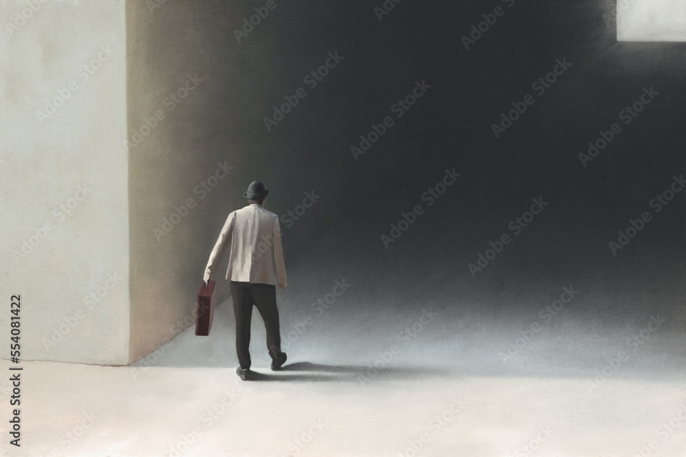 Illustration of man walking in the darkness toward the light, surreal abstract concept