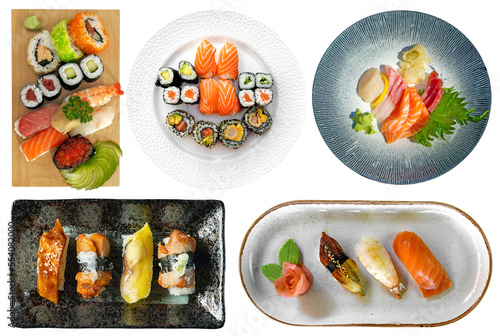 Various kinds of served ready to eat sushi and sashimi isolated, japanese food set