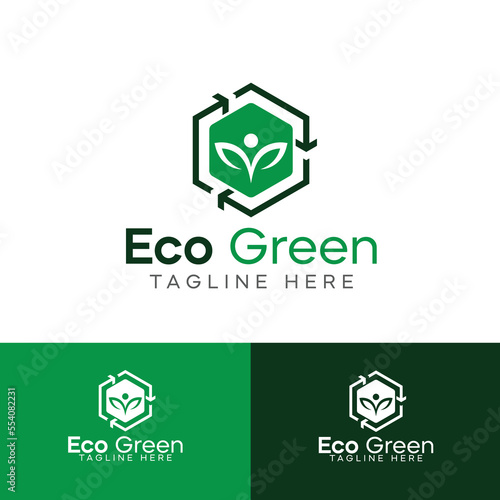 Eco green solutions logo template premium vector, hexagon human icon logo,