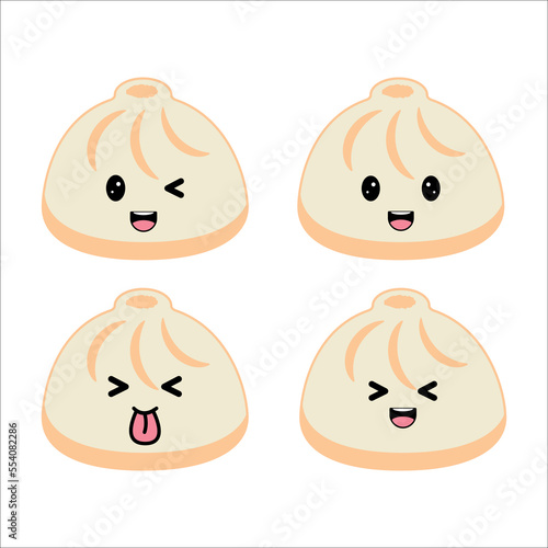 Set of Cute kawaii dumpling with eyes and smile emoji. Traditional asian cuisine and food. Vector illustration