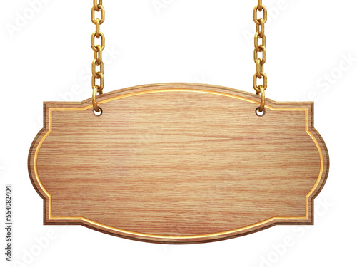 Blank wooden signboard hanging on brass chains	isolated photo