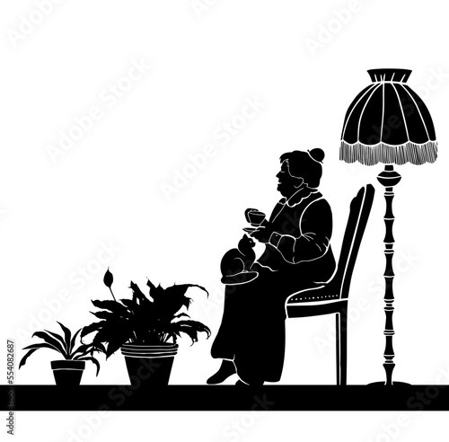 An elderly woman drinks tea while sitting in an armchair at home. vector illustration