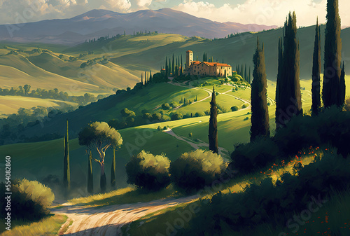 Wide view of a lush hill in Italy s Tuscany region s Val d Orcia. Generative AI