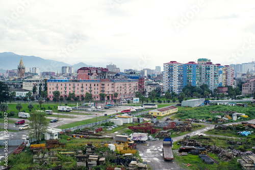 View of the city of Batumi, Georgia from the height of the ferris wheel, construction site, architecture