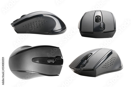 Four black wireless computer mouse views set. Isolated png with transparency photo