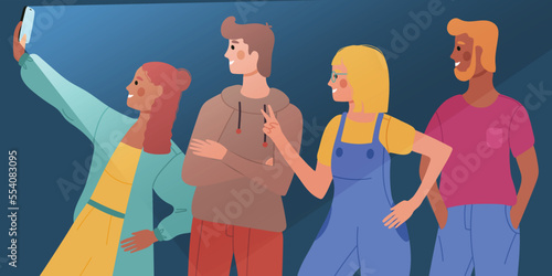 People take selfies at night with a flash, stand in profile in different poses and different races. Vector illustration on a dark background.