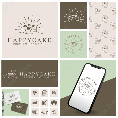 SIMPLE CAKE BROWNIES LOGO WITH ICON AND PATTERN SET
