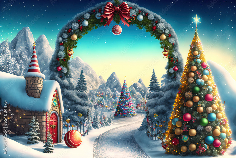 custom made wallpaper toronto digitalA beautiful Merry Christmas scene with a festive night snow background and a winter landscape. A Happy New Year and Christmas Wallpaper. A Generative AI digital illustration.