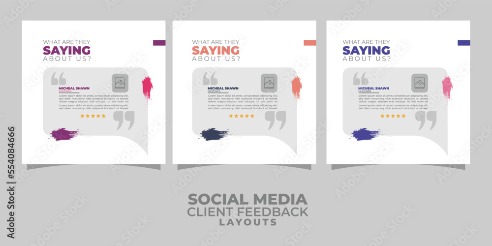 client feedback testimonials social media post design templates.Customer service feedback review social media post or web banner with color variation layouts