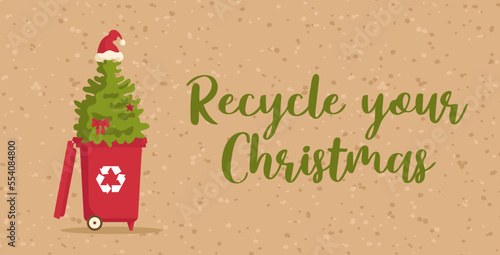 Christmas tree in a bin with a recycling sign. Post-holiday cleaning. Environmentally friendly, green holidays, reasonable consumption. Horizontal banner for website, poster, flyer.