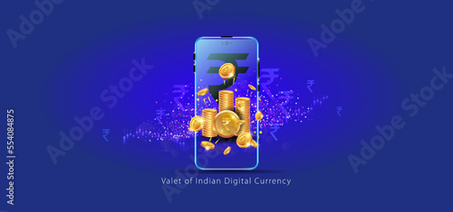 Wallet concept design. Digital rupee, virtual money currency and exchange background with mobile phone cell phone.