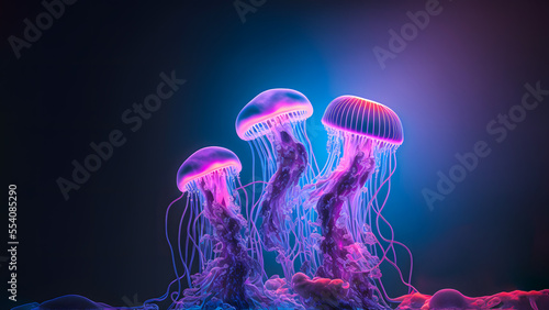 glowing sea jellyfishes on dark background, neural network generated art. Digitally generated image. Not based on any actual scene or pattern.