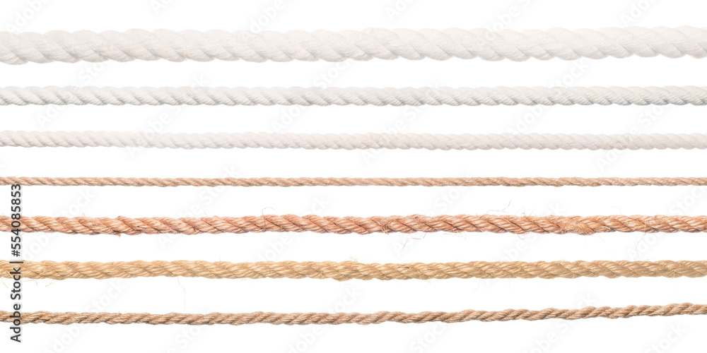 Ropes set. Collection of different straight long ropes. Png isolated with transparency - obrazy, fototapety, plakaty 