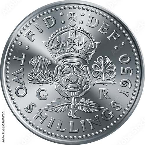 British money coin Two shillings, King George VI florin, reverse with crowned rose, thistle and shamrock, Rosa Tudor - emblem of England