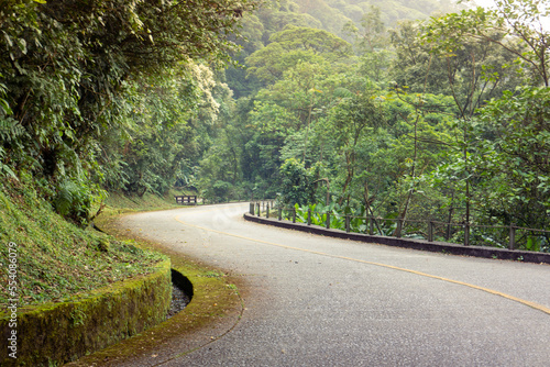 old and curvy deactivated road in the middle of the Atlantic Forest that connects the cities of São Bernardo do Campo and Cubatão, known as Estrada Velha de Santos in the State Park Caminhos do Mar. 