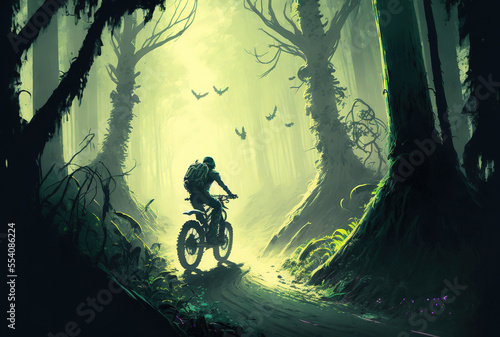 a cyclist riding in a woodland. Generative AI