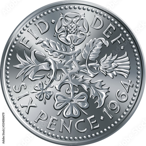 British sixpence money coin, reverse with floral design photo