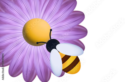 Bee and purple flower 3d, isolated icon. One insect collects nectar, pollen. Honey bee, wild wasp or bumblebee on a flowering gerbera, daisy. The concept of active labor, pollination closeup. Vector 