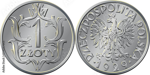 vector Polish Money one zloty silver coin 1929, reverse with Value and 1 wreath of leaves, obverse eagle in a crown