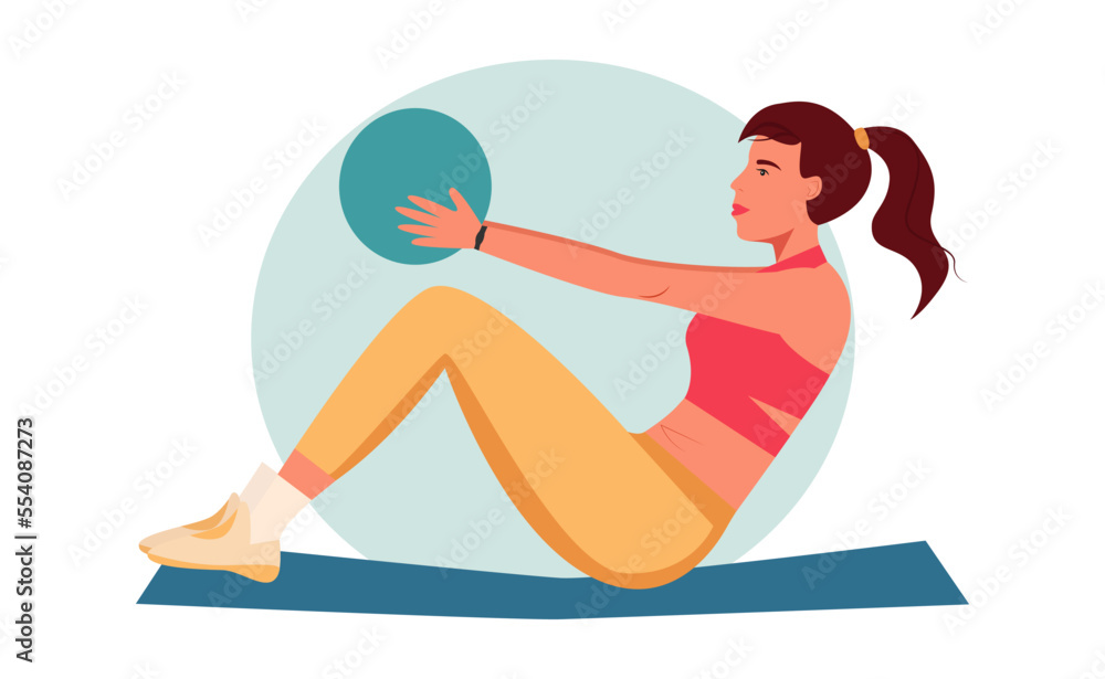 Girl is engaged in fitness with a ball. Vector illustration.