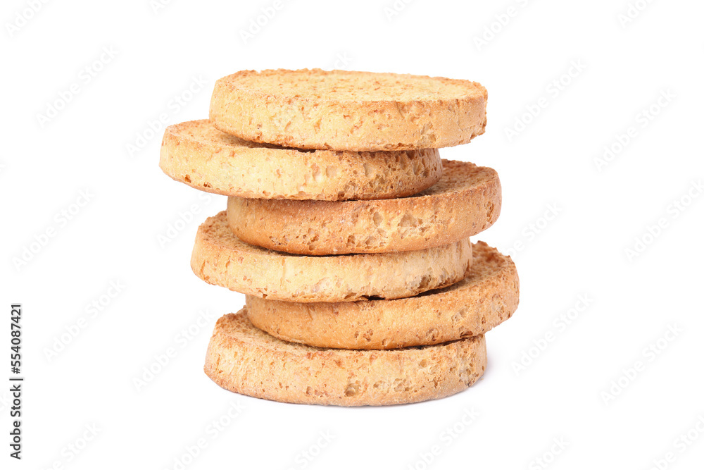Stack of tasty organic rusks isolated on white Stack of tasty organic rusks isolated on white