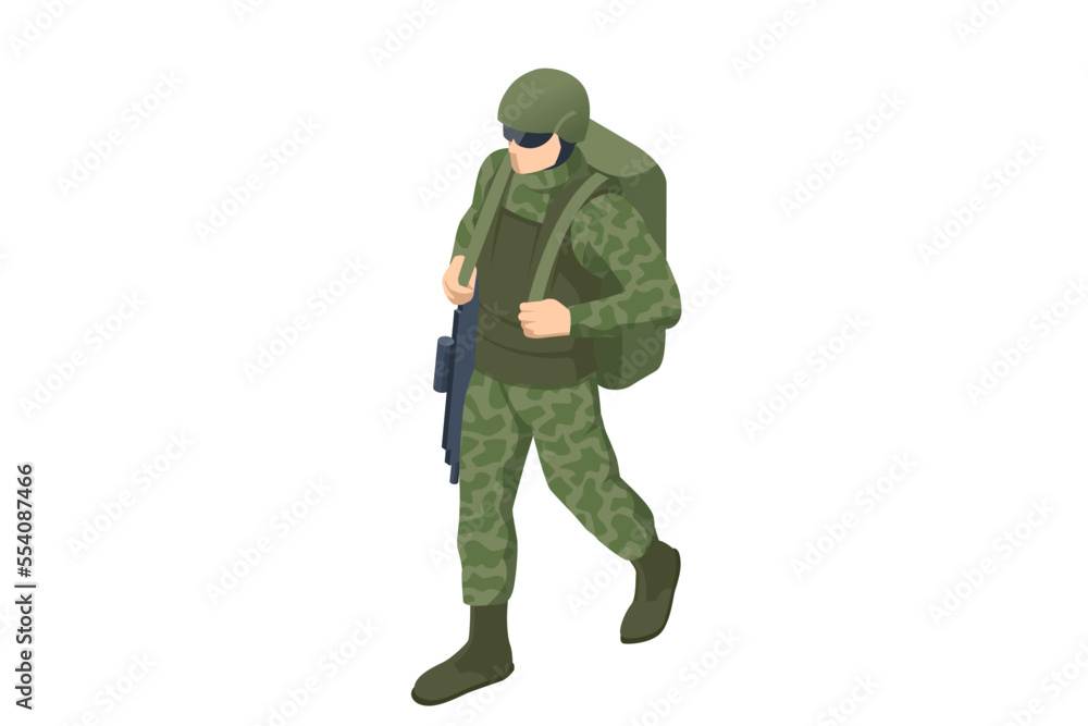 Isometric Military backpack war, hiking, army, camouflage equipment. Army Soldier in Protective Combat Uniform holding Assault Rifle with Military backpack war on white background. Army, military Isometric Military backpack war, hiking, army, camouflage equipment. Army Soldier in Protective Combat Uniform holding Assault Rifle with Military backpack war on white background. Army, military