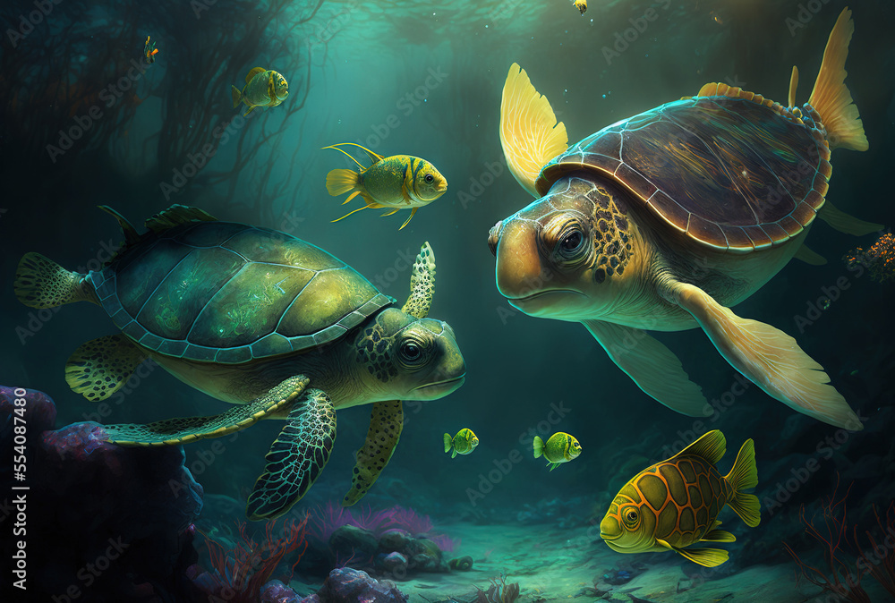Obraz premium Fish and turtles. Generative AI