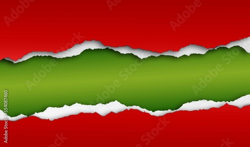 Wallpaper Mural Hole ripped in red paper on green. Christmas background. Copy space Torontodigital.ca