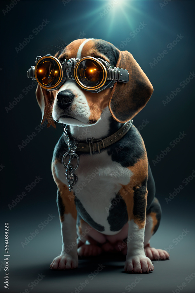 Cute Beagle in futuristic 3d glasses.Steampunk dog with glasses.Drawing cyberpunk painting.Digital designer art.Abstract surreal illustration.3D render