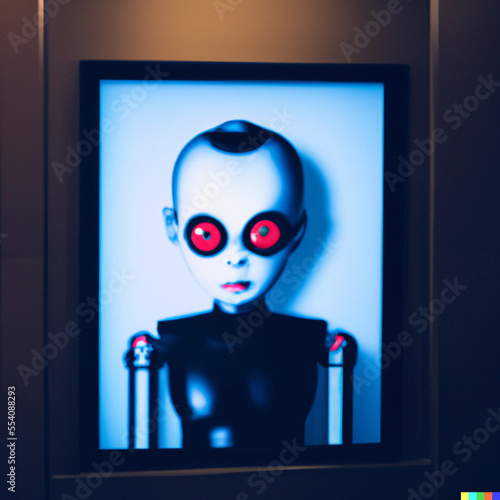 A futuristic cyborg poster hanging in a neon lit subway station