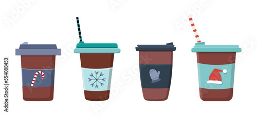 Christmas Hot drinks set, New Year's coffee set in flat style