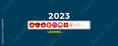 Fun humor creative design for 2023. Welcome new year party and fun Loading. Funny humorus face with 2023 number and blue background. photo