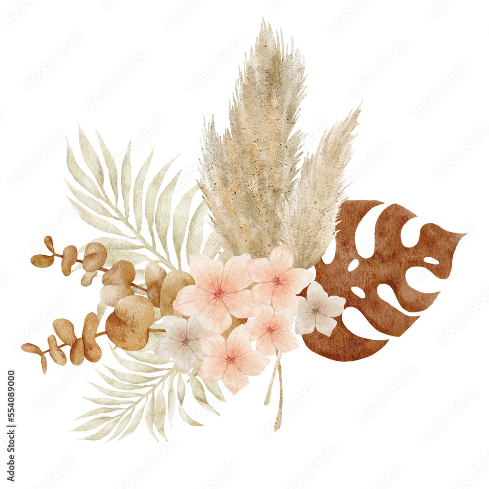 Watercolor boho tropical bouquet. Decorative dried flowers and