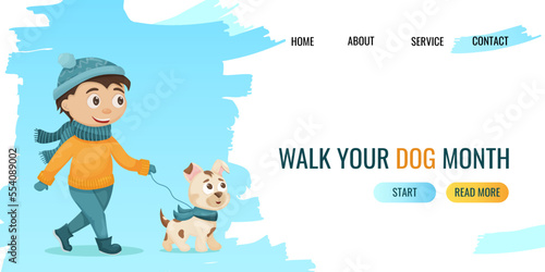 A boy walks with his dog in the winter. Cute flat illustration. Dog walking month. website, banner template