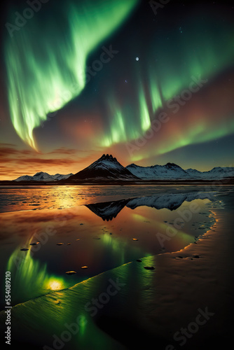 Beautiful northern lights landscape. Aurora borealis above mountains reflected in the sea. AI